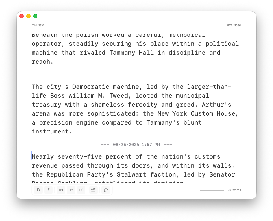 Wrytr writing editor showing a dated divider between writing sessions